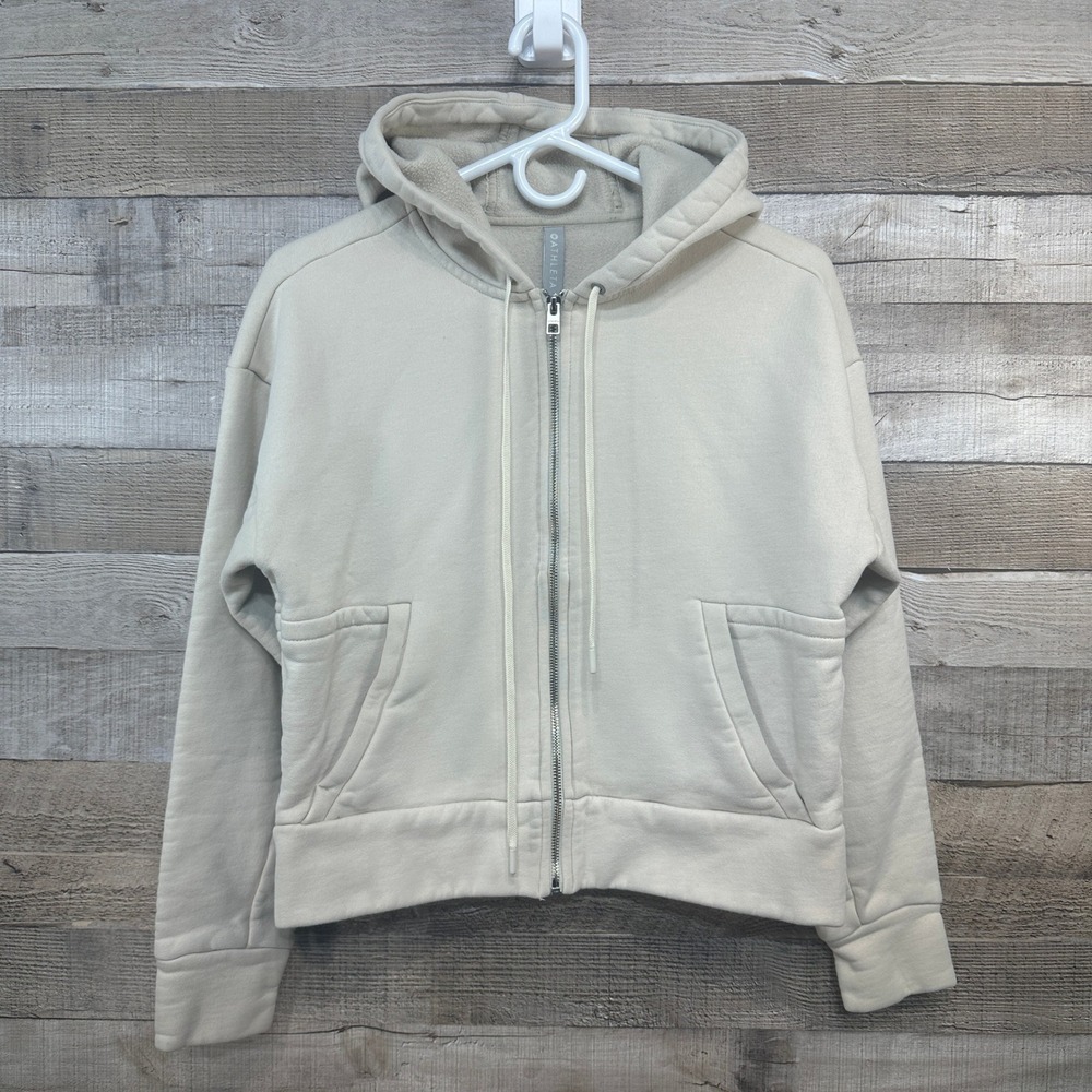 Athleta Tenacity Ivory Bone Hooded Cropped Full Zip Athletic Sweat Jacket XS
